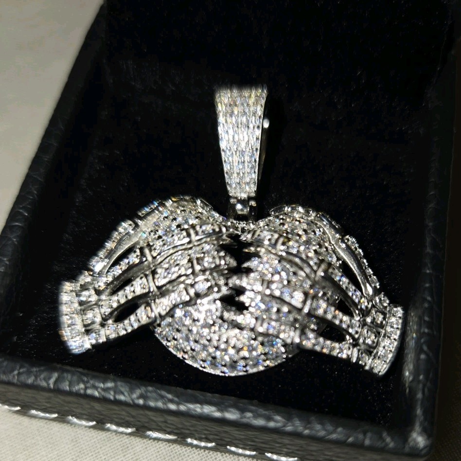 Moissanite Pendant Skeleton Hands Holding a Broken Heart, Harlem Bling
