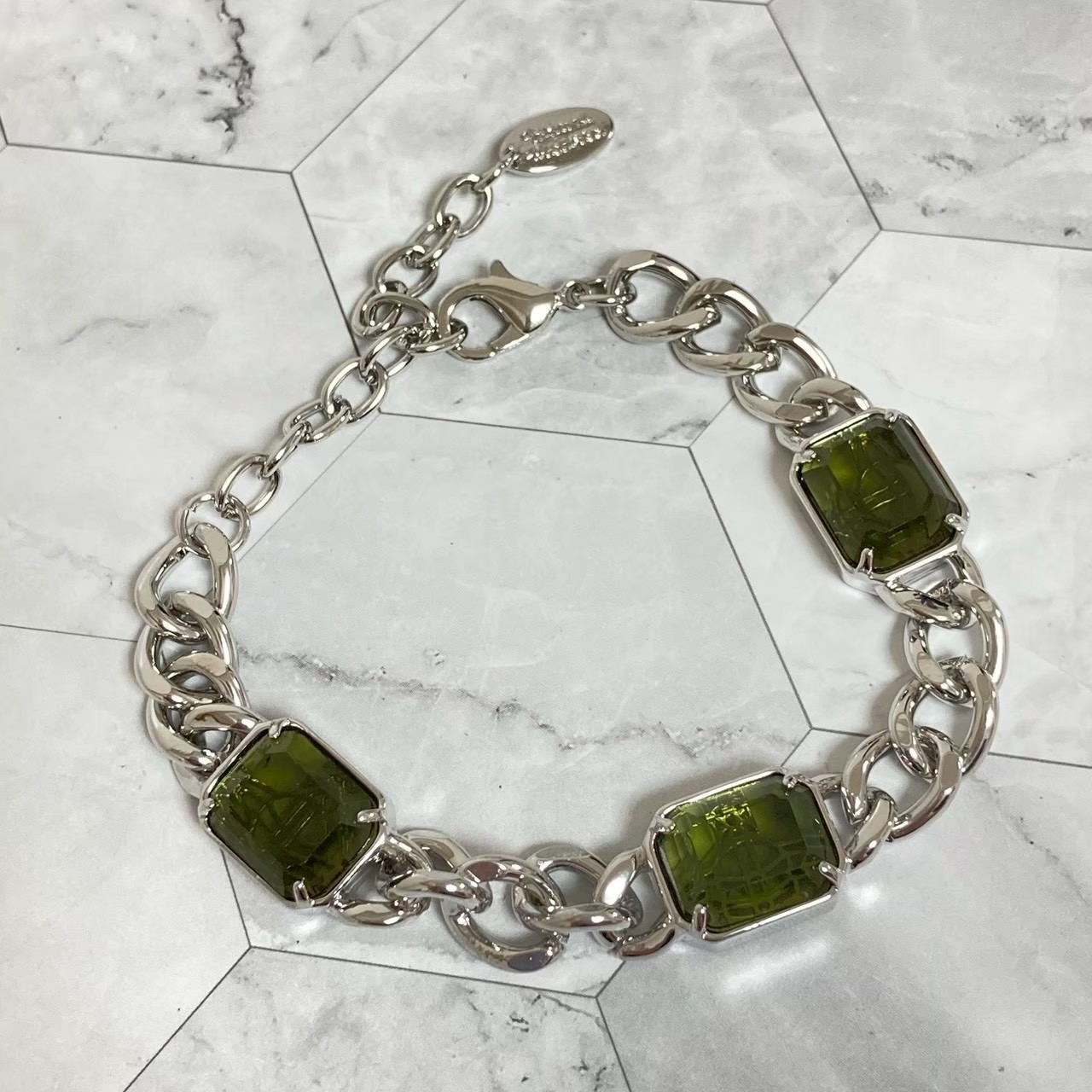 Vivienne Westwood Bracelet Stone 16.5-22cm Silver Green w/Pouch NO BOX