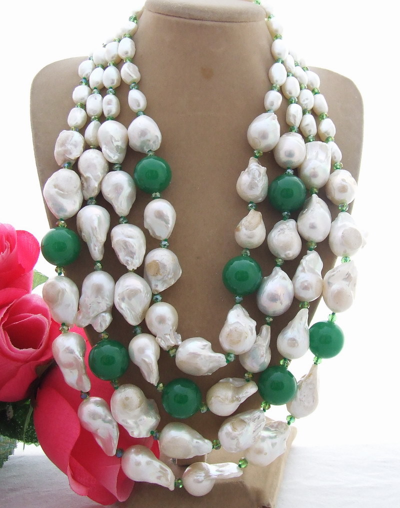 25mm Freshwater White Keshi Pearl Green Jade Crystal Multi Strands Necklace 19″