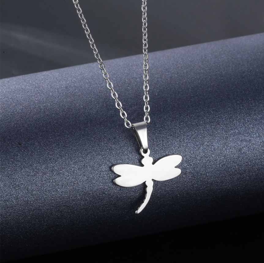 Punk Silver Titanium S.Steel Dragonfly Pendant Chain Necklace