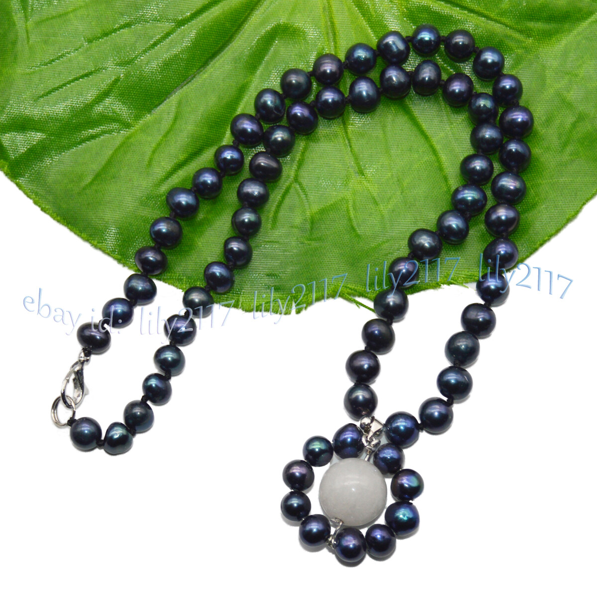 Natural 6-7mm Black Freshwater Pearl Round White Jade Gems Pendant Necklace 18”
