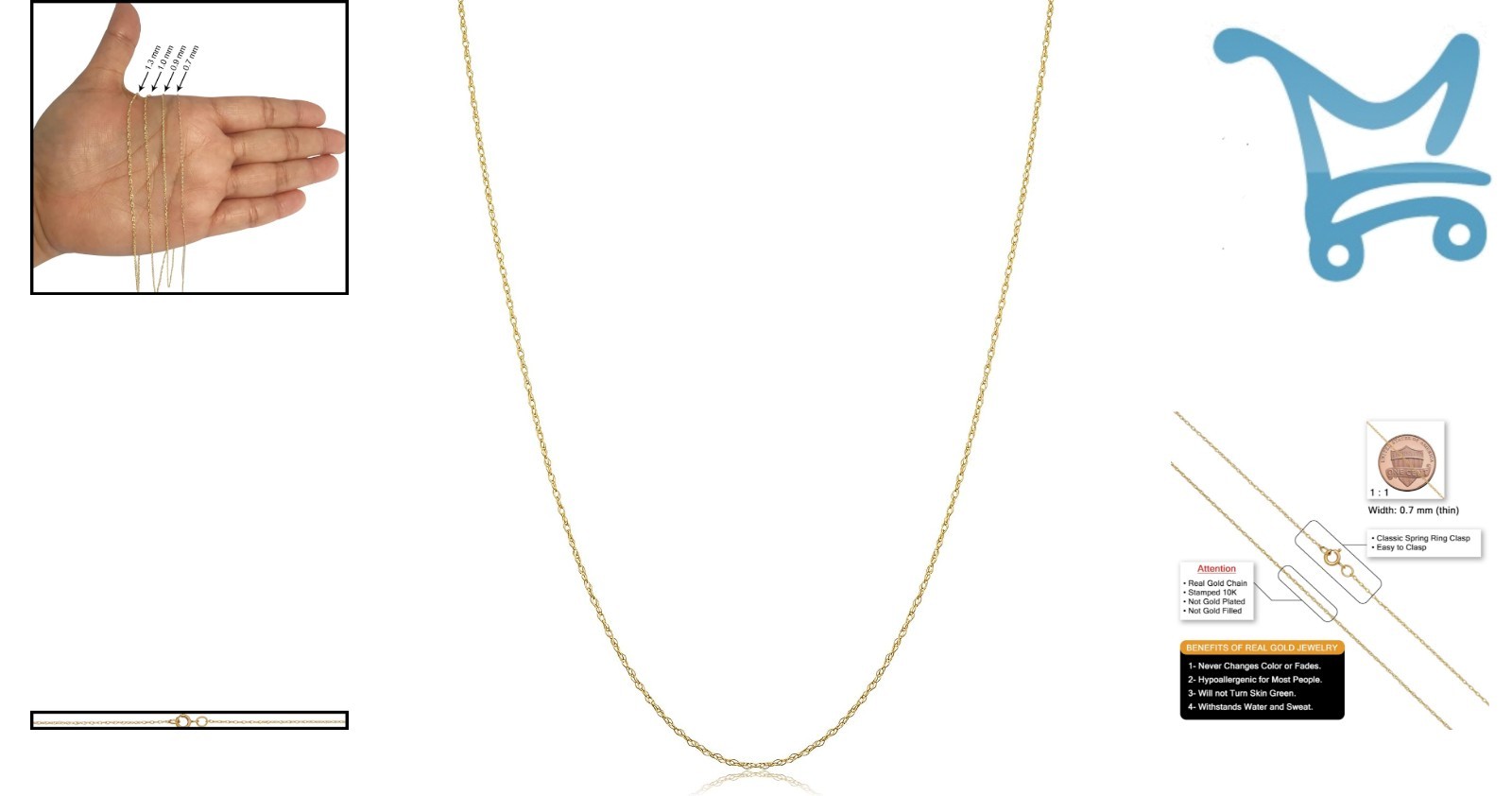 10k Gold Rope Chain Necklace 14 Inch Lightweight Thin Jewelry for Women