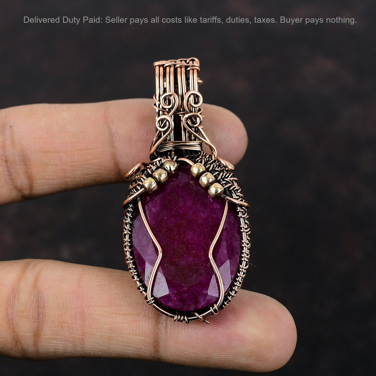 Oval Natural Kashmir Rubi Birthday Mother Wire Wrapped Pendant Jewelry Copper