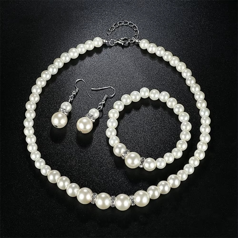 Pearl Jewelry Set – Necklace, Bracelet & Earrings – Simulated Pearls Jewelry