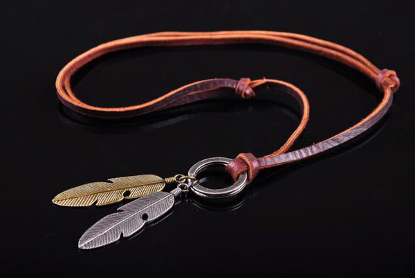 N151 Cool Casual Mens Surfer Beach Choker Necklace Leather 2-Tone Leaf Pendant