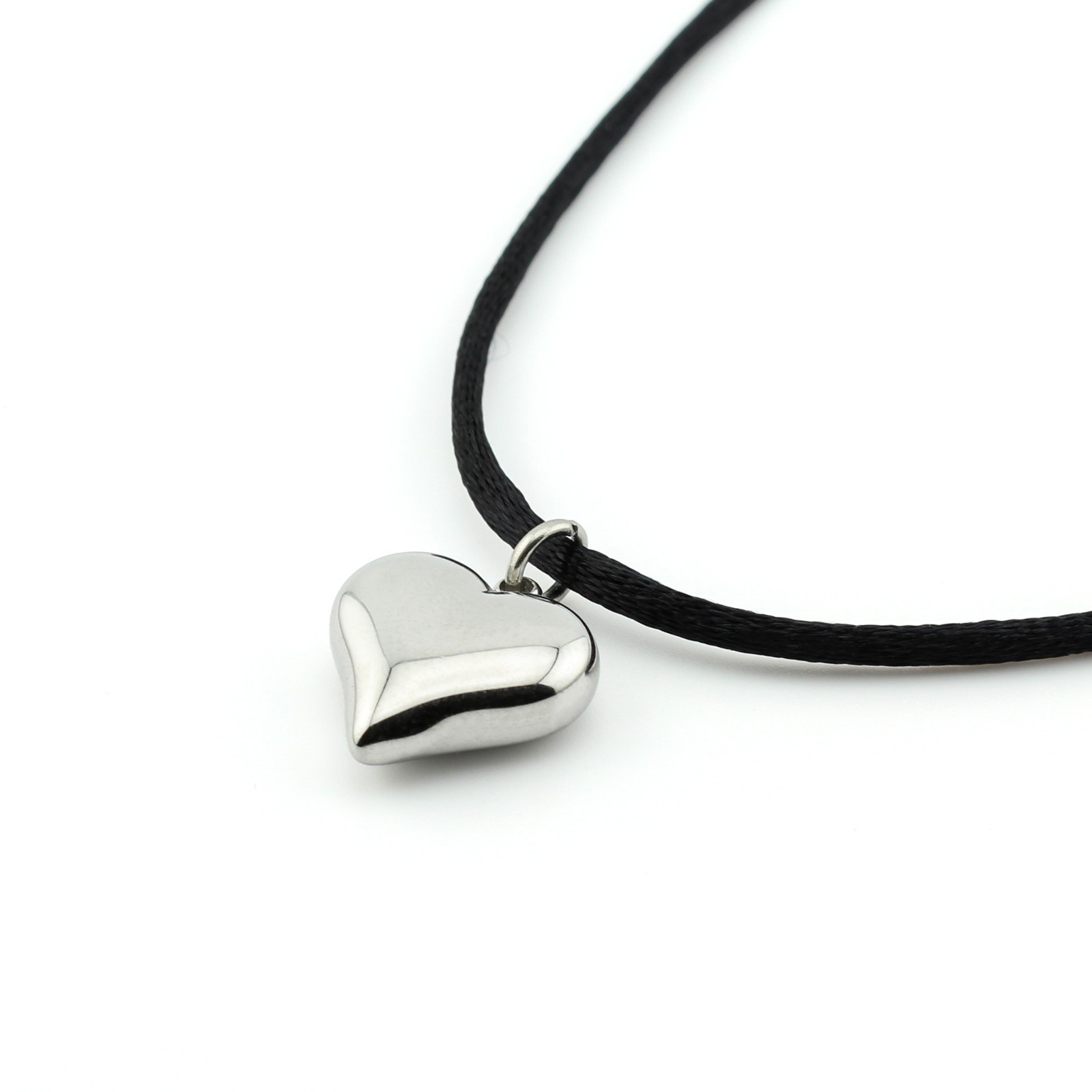 Stainless Steel Puffy Heart Pendant Necklace Satin Silk Cord 16-30″ Women Girls