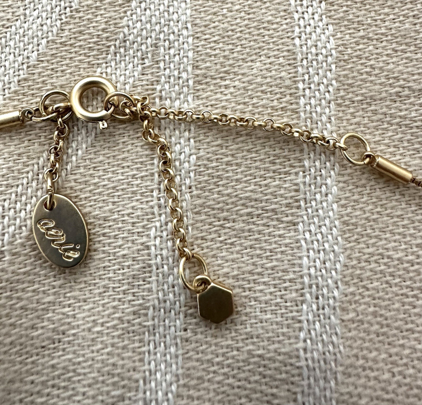Aerie Gold Tone Charm Necklace Heart Teddy Bear LOVE Faux Pearl Adjustable 18-21
