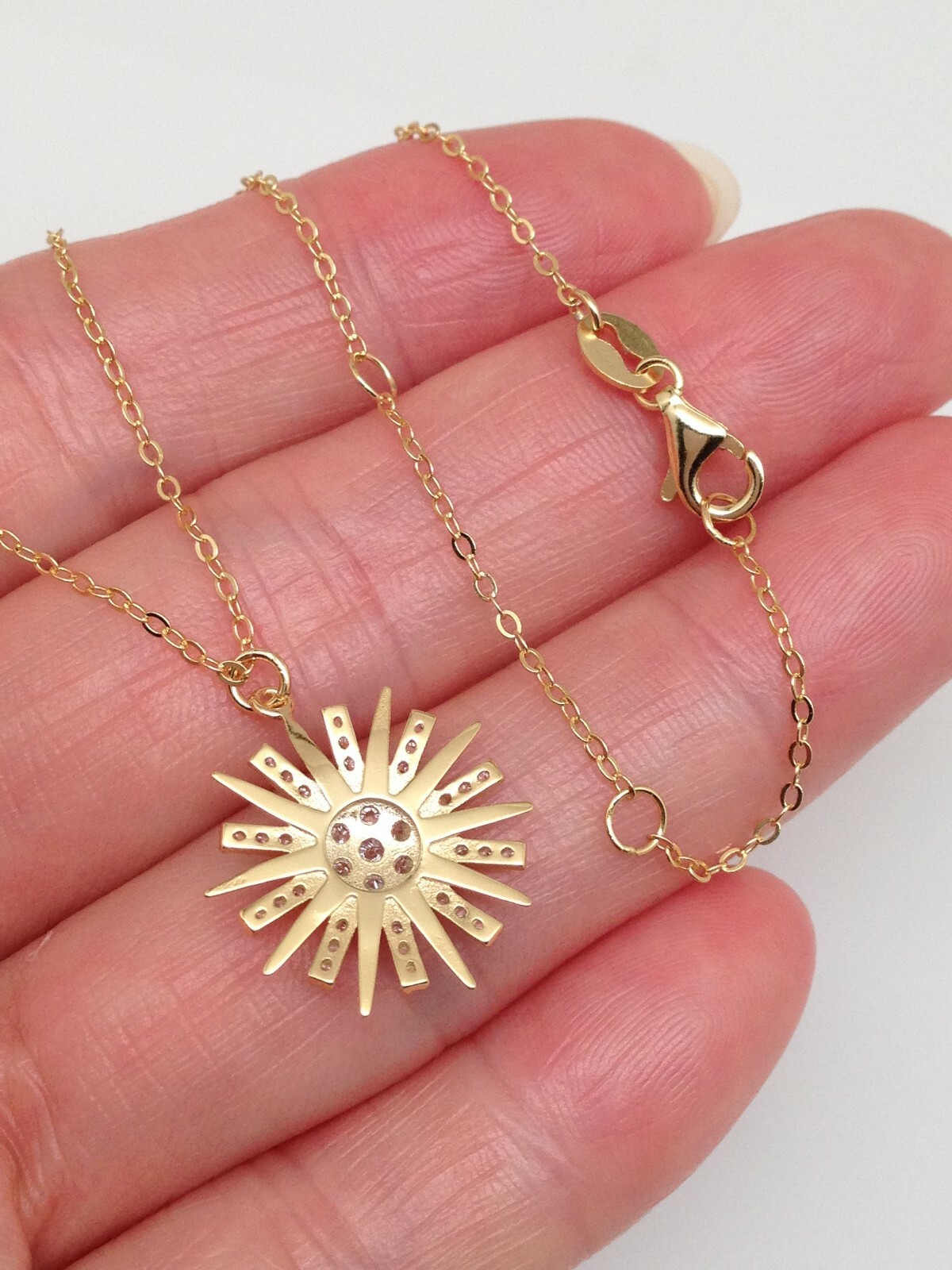 925 Sterling Silver Cz Sunburst Pendant Necklace Starburst 15mm 18″