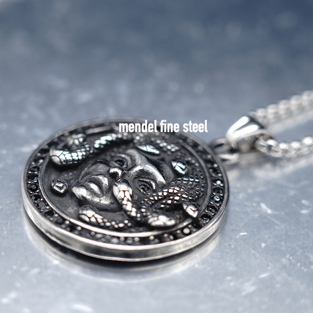 MENDEL Mens Hip Hop Black CZ Greek Medusa Snake Pendant Necklace Stainless Steel