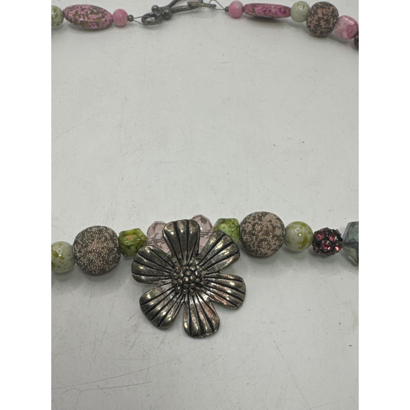 Boho Mixed Bead Flower Pendant Necklace Pink Green Glass Ceramic 23 Inch