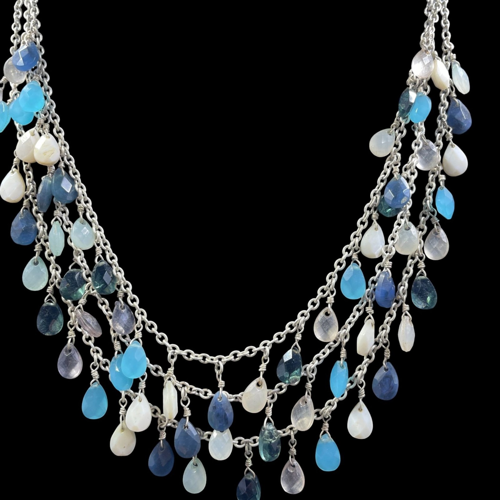 Boho Mermaidcore Layered Gemstone Dangle Necklace Silver Tone Coastal Resort