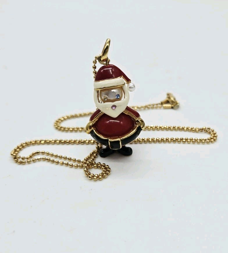 Santa Claus Pendant Necklace enamel Glass Faux Pearl Gold tone 28 in