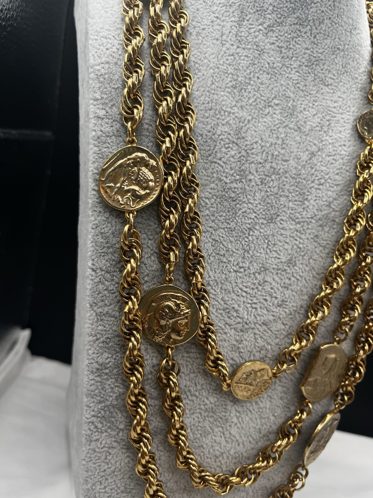 VTG. Coin Triple Strand Gold Tone Replica Roman Greek Soldier Link 20”+ Necklace