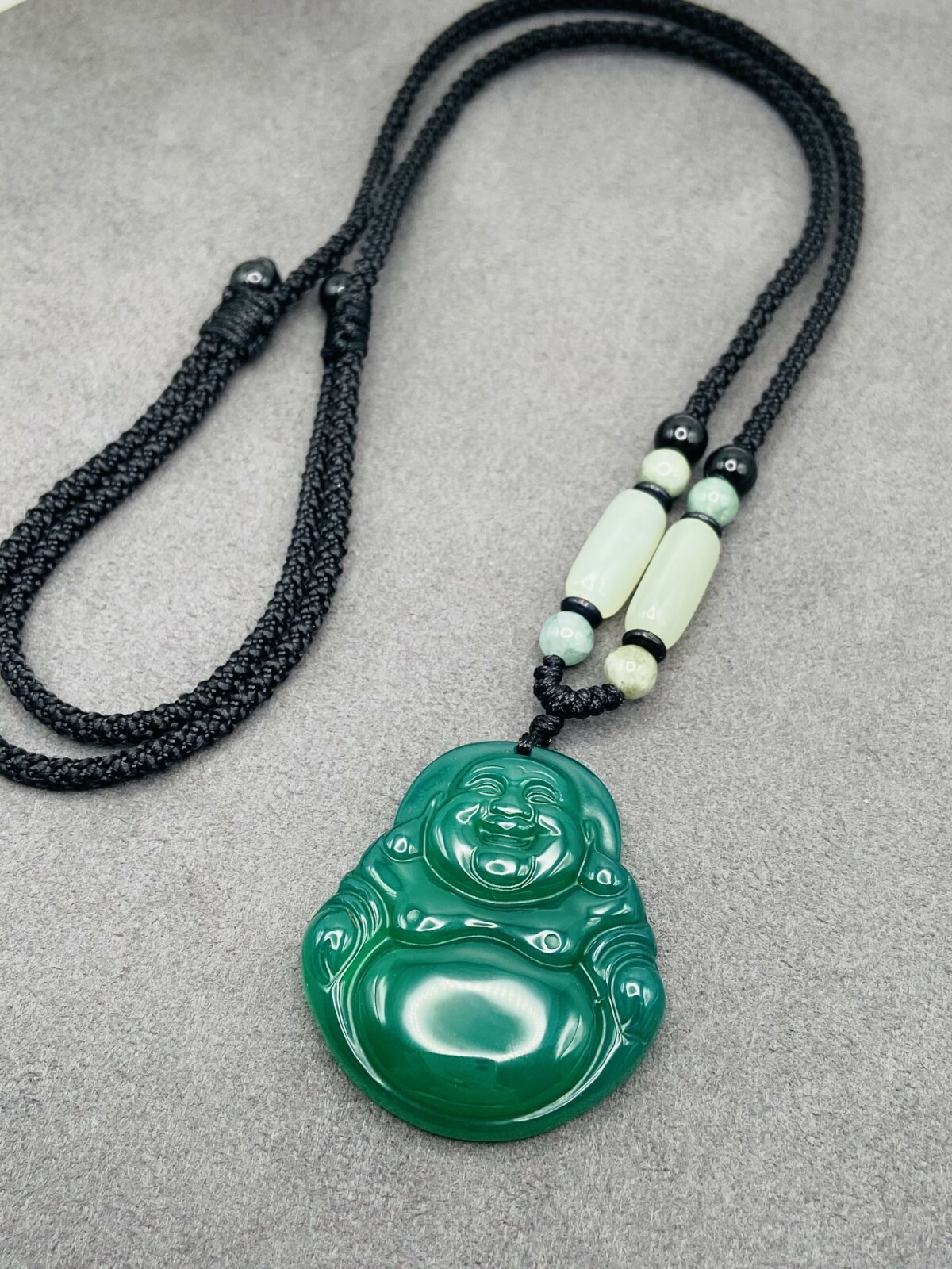 Jade Buddha Charm Pendant Necklace W/ Beads Cord Handmade Carved Green Gemstone