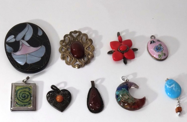 Lot Of 9 Fashion Pendants Mixed Metals Materials Various Designs
