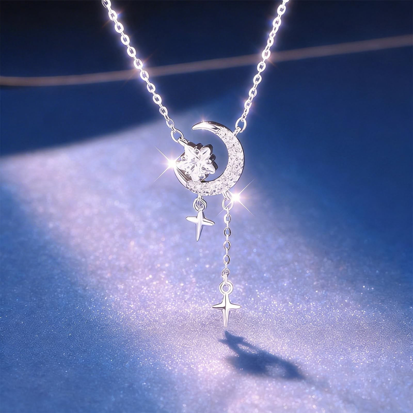 Moon Necklace Silver Moon Star Pendant Y-shaped Dainty Necklace for Adults We…