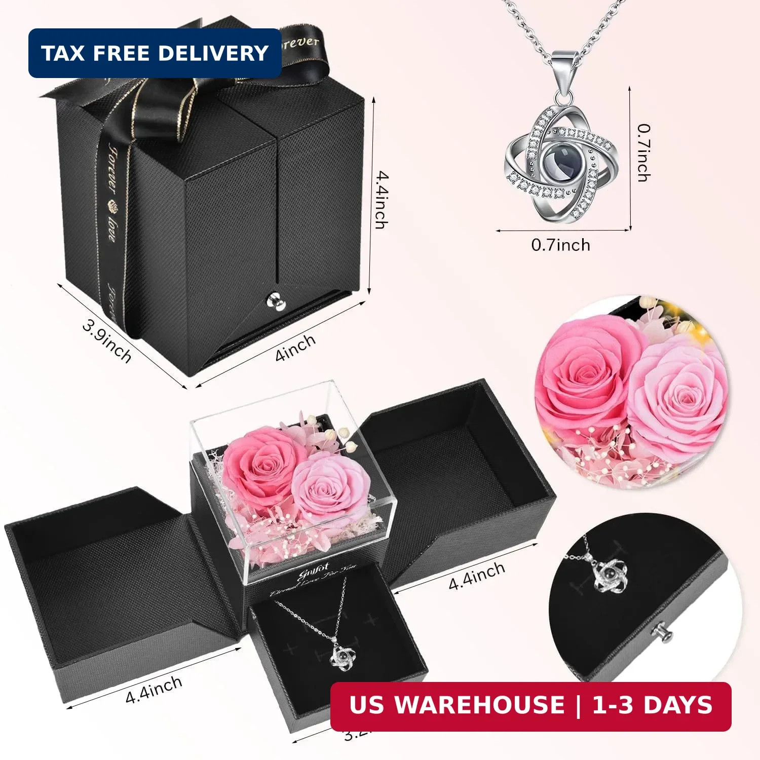 Preserved Pink Real Rose with I Love You in 100 Languages Necklace,Eternal Flowe