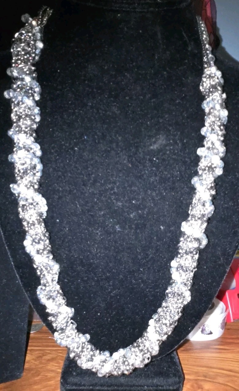 Silver Tone Cable Chain Statement Necklace Clear Round Crystal Beads 28″