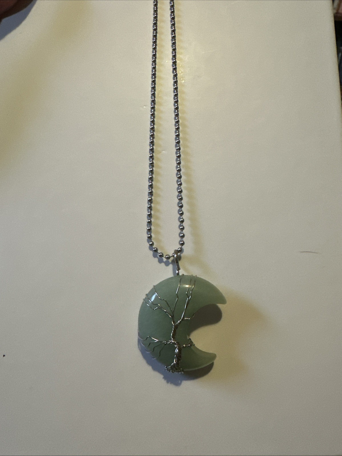Light Green Crescent Moon Pendant Necklace Wrapped In Silver Wire 22 Inch Chain