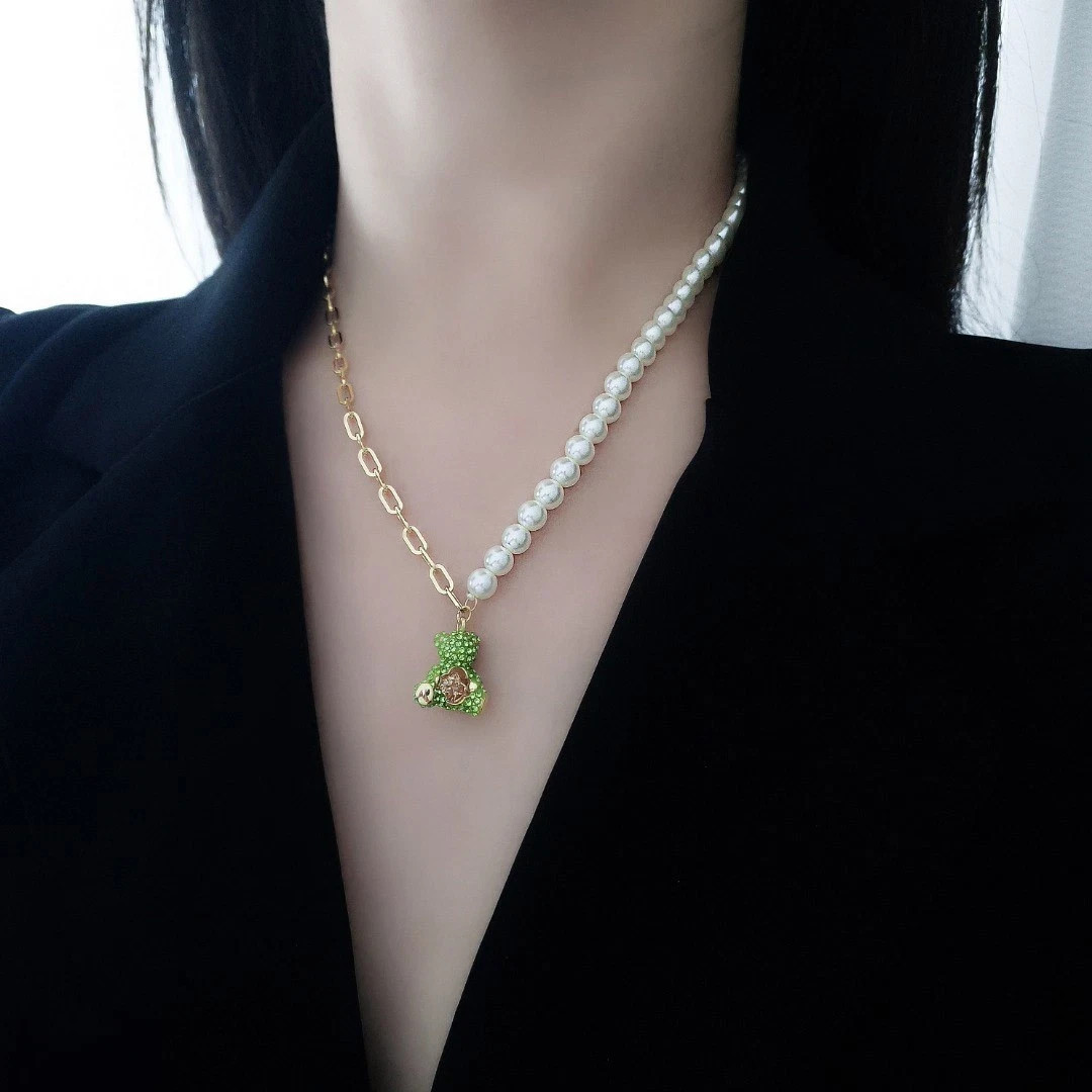 Swarovski Pearl Teddy Bear Necklace Beating Heart Gold Tone Women Gift