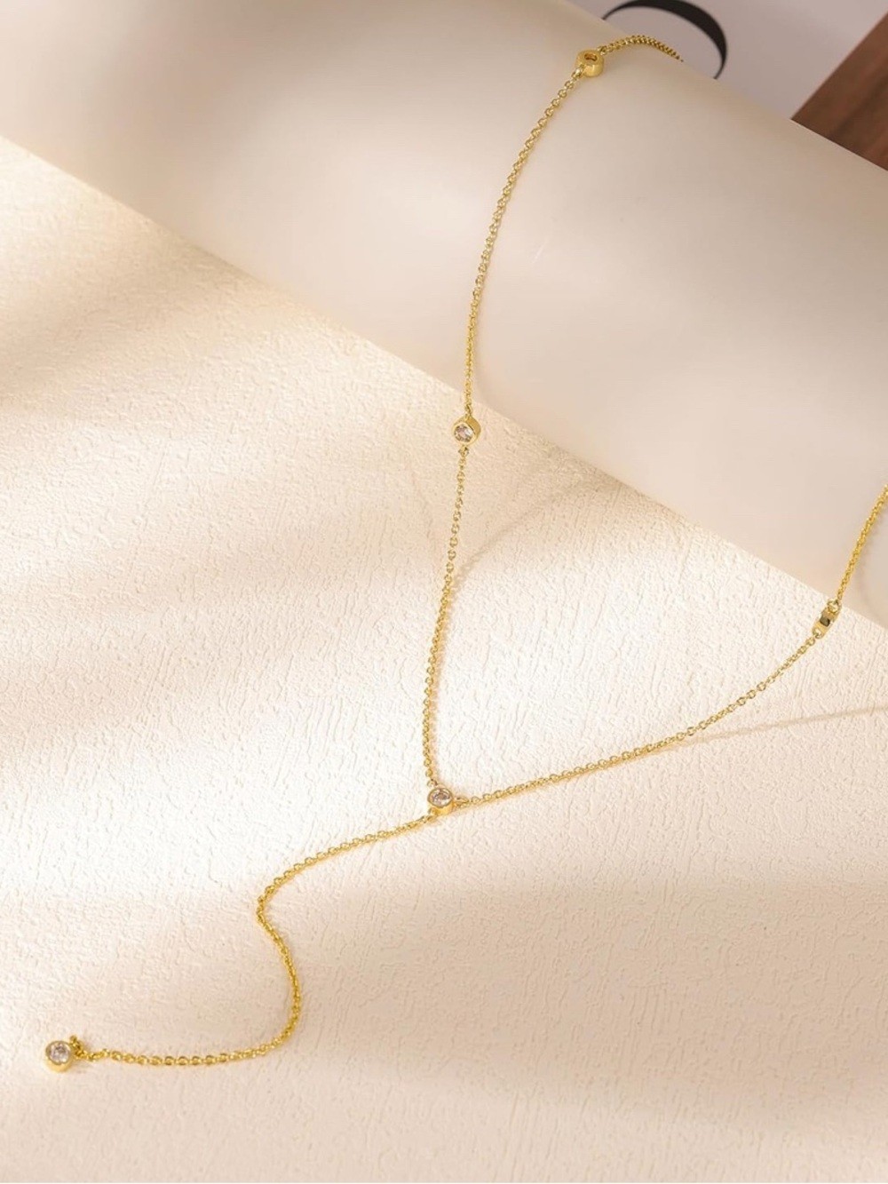 14k Gold Plated Dainty Lariat Necklace with Crystal Accents