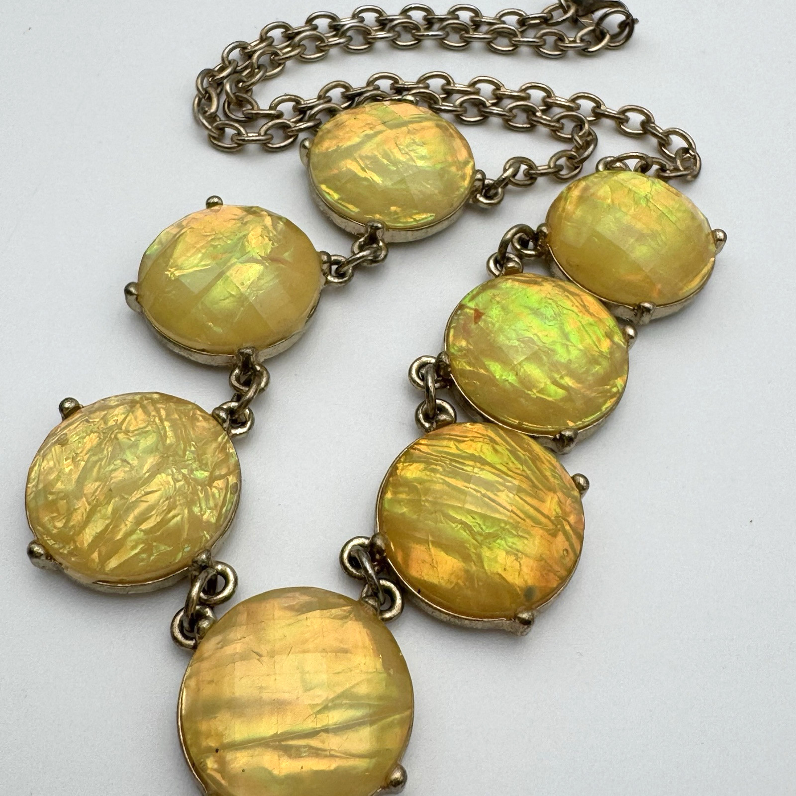 Yellow Statement Necklace Gold Tone Round Bezel Prong Faceted Foiled Beads 17.5″