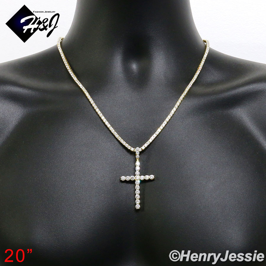 925 STERLING SILVER 18″-28″X3MM GOLD PLATED TENNIS CHAIN CZ CROSS PENDANT*GP170