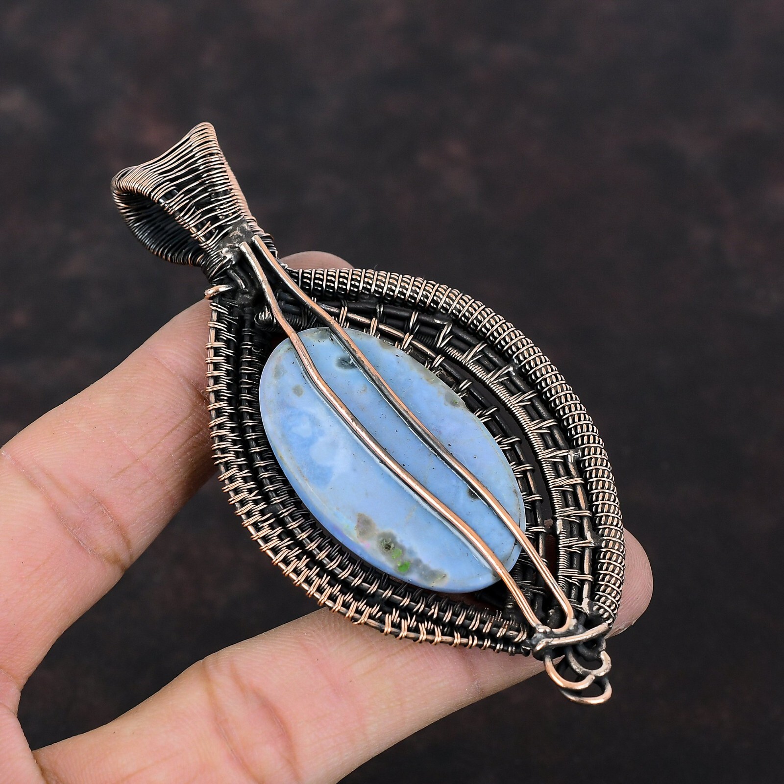 Angelite Gemstone Handmade Jewelry Copper Mum Gift Wire Wrapped Pendant 3.74″