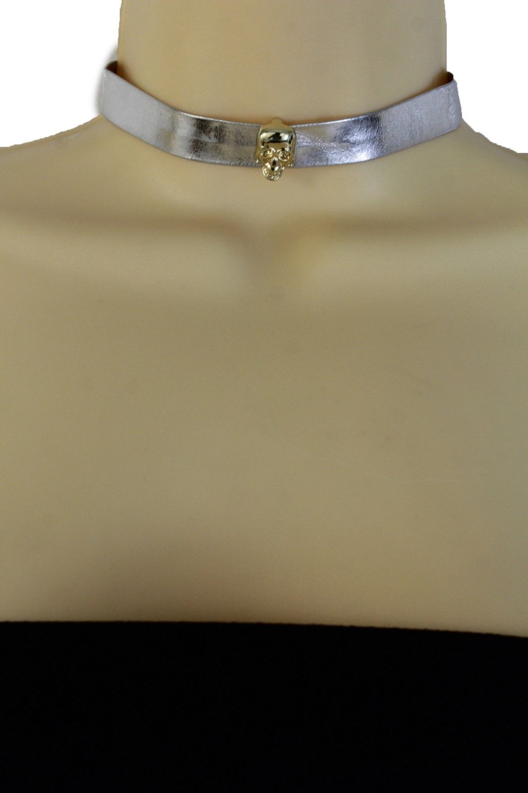Hot Women Skinny Band Metallic Silver Choker Fashion Jewelry Necklace Gold Skull
