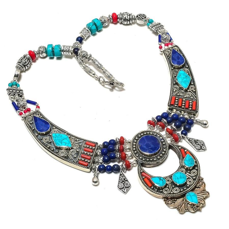 Lapis Lazuli Tibetan Turquoise Coral Handmade Ethnic Nepali Necklace 18″ SR 7265