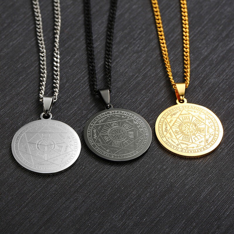 Religious Seven Seals of The Archangels Coin Pendant Men Necklace Chain Classic