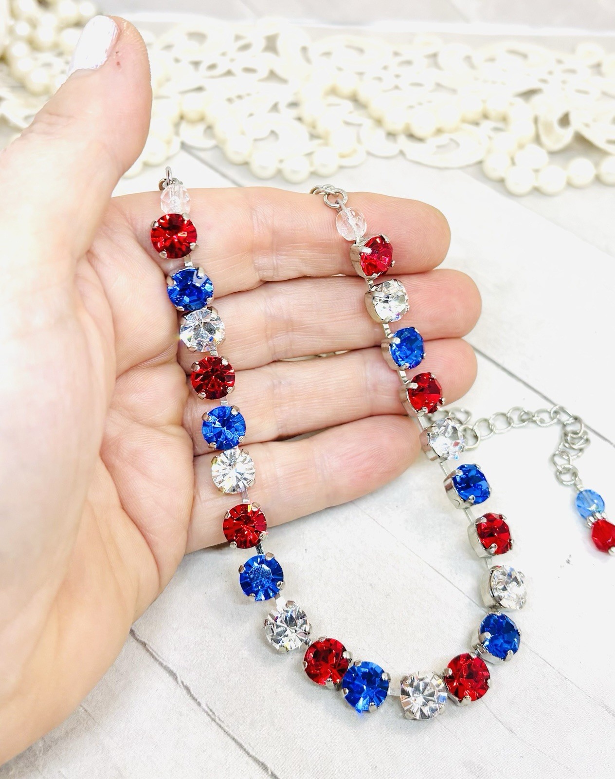 Shiny Silver Plated Patriotic Red, White, and Blue Crystal Cup Chain Necklace