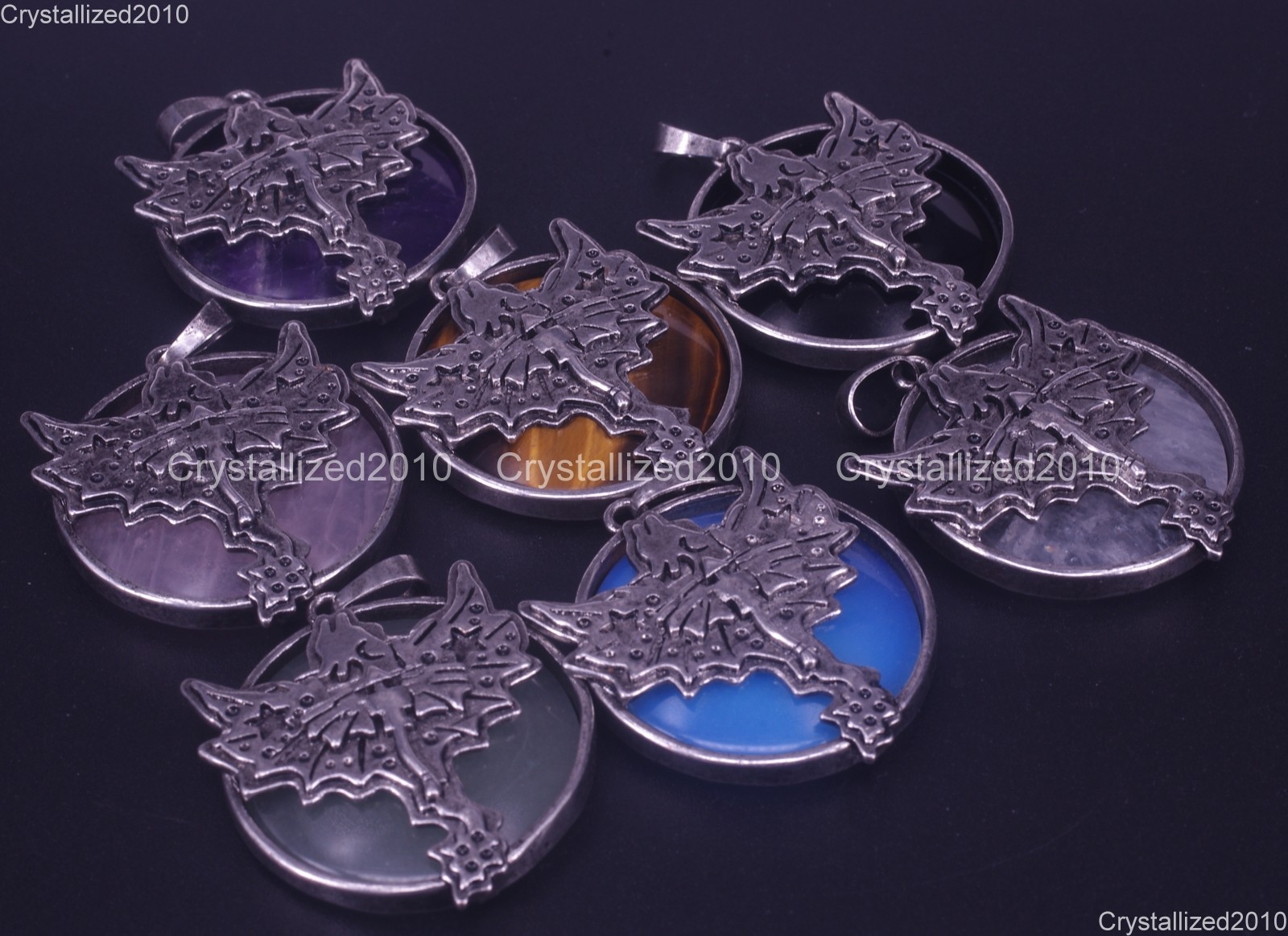 Natural Gemstone Dragon Pendant Round Cabochon Necklace Bead Tibetan Silver 32mm