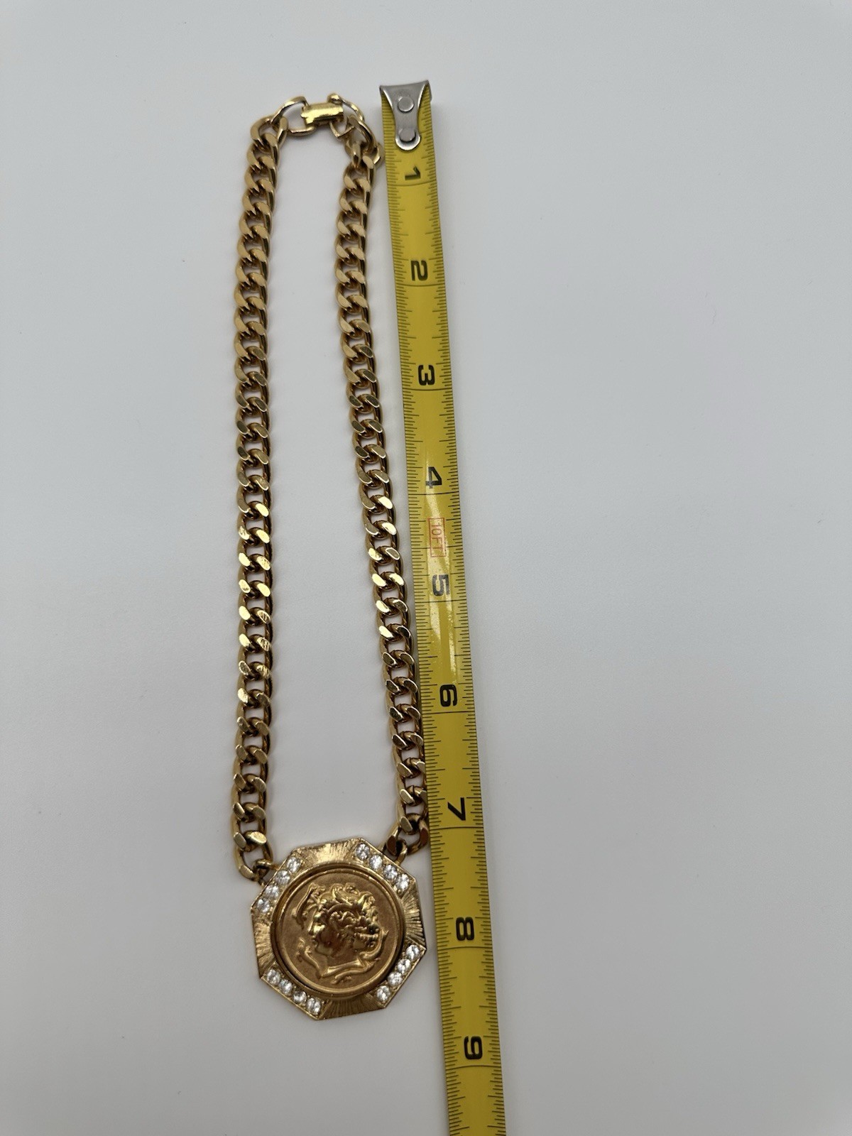 Gold Tone Miami Curb Chain/Crystal Accents/Roman French Emp. Faux Coin Pendant