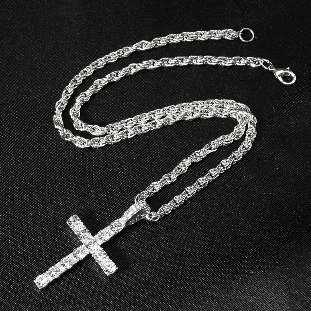 Iced Out Cross Pendant Tennis Chain Necklace Silver Gold CZ Hip Hop Men Women