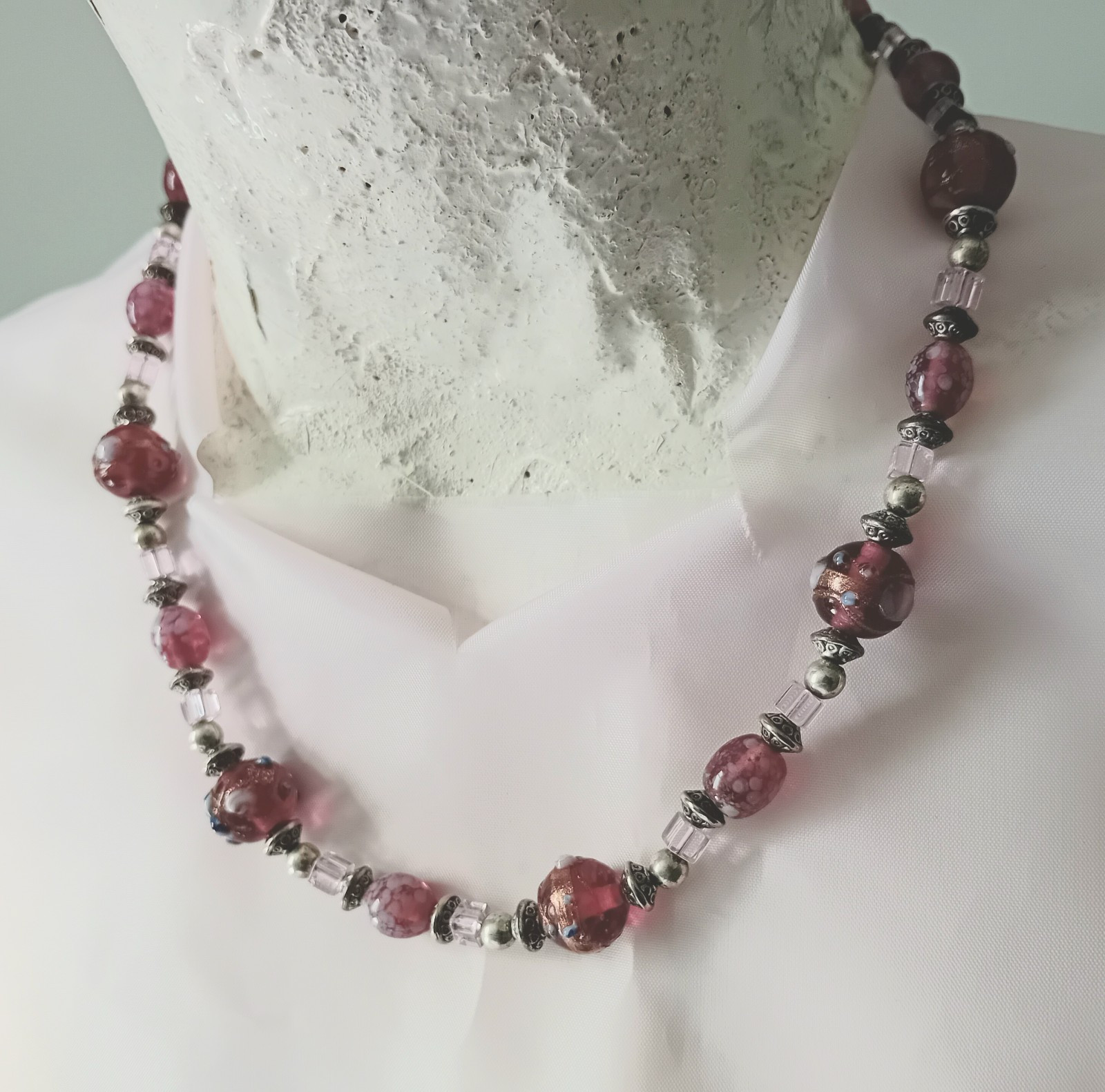 46cm Rustic Pink Lampwork Glass Bead Necklace A249
