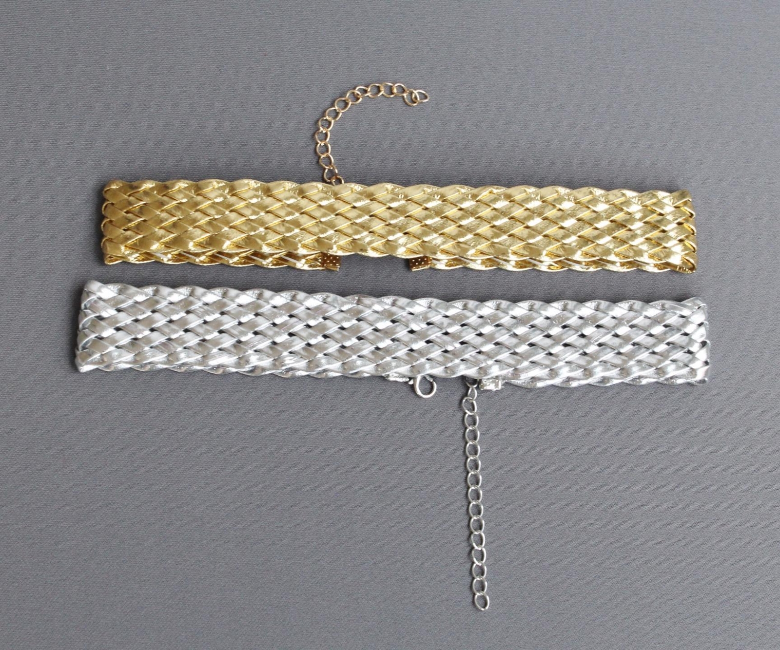 Silver faux leather choker woven necklace adjustable wide choker collar 13-15.5″
