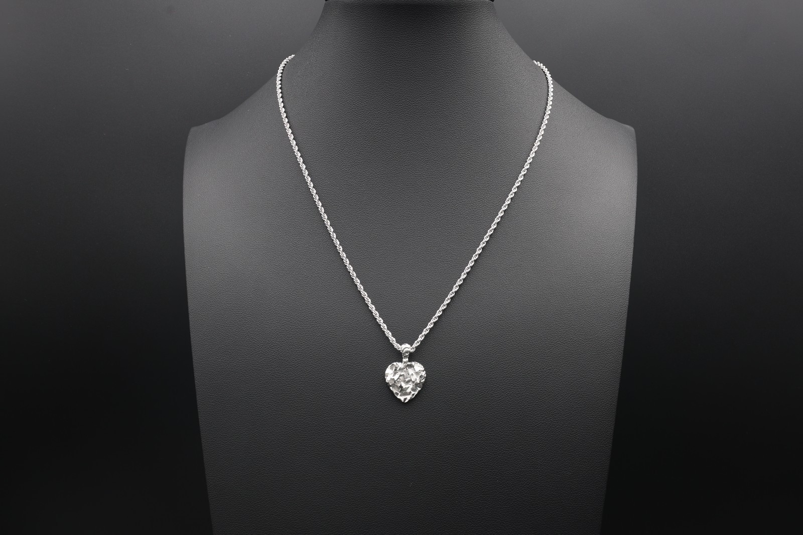 Silver Nugget Heart Necklace: 16mm Heart Pendant, 1mm Rope Chain for Women
