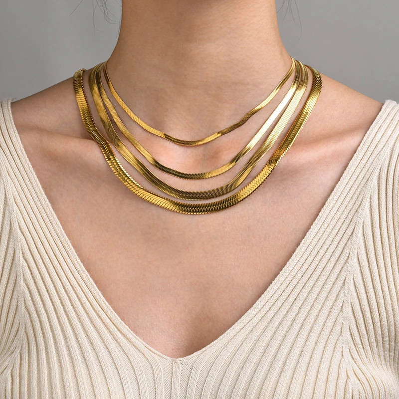 Stainless Steel Snake Chain Choker Necklace Gold Silver Herringbone Unisex Ad