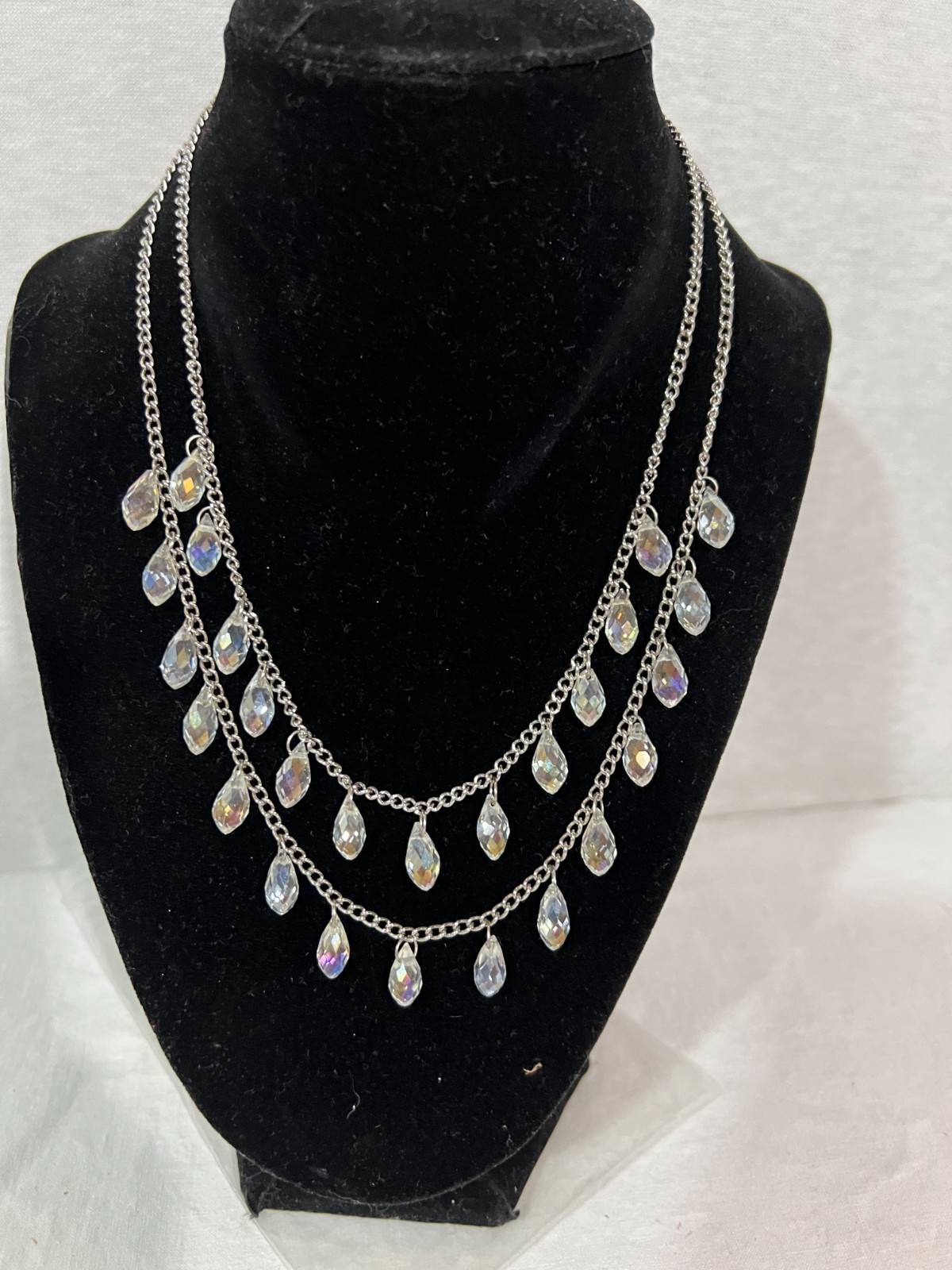 Swarovski Neckless Two Tier Colorless Crystal Beads Tear Drop Silver Chain 9″
