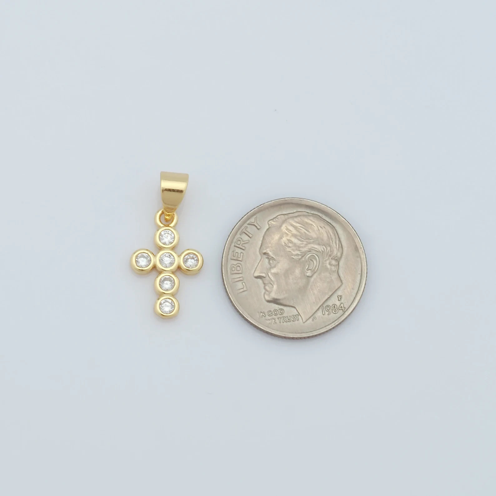 Small Tiny 10k Yellow Gold Women CZ Cross Charm Pendant Gift For Girls or Womens