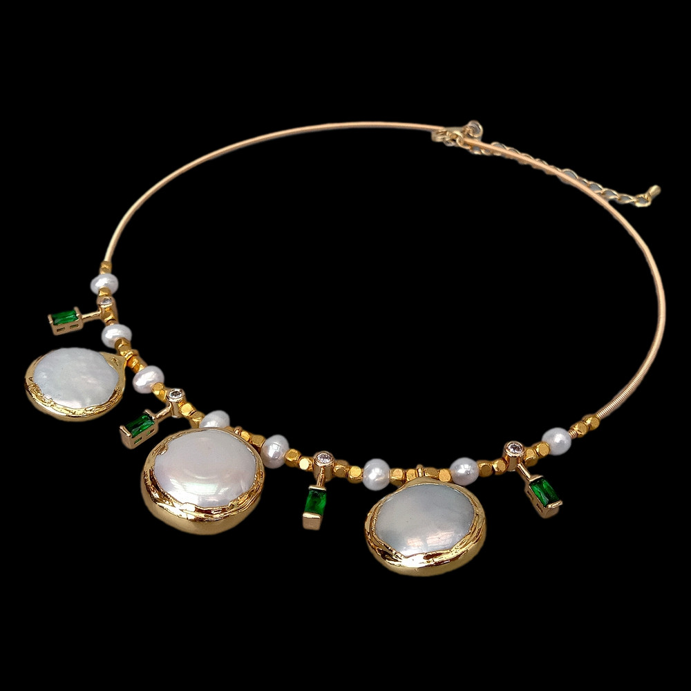 15″ Cultured White Coin Pearl Potato Pearl Cz Pave Choker Charm Necklace