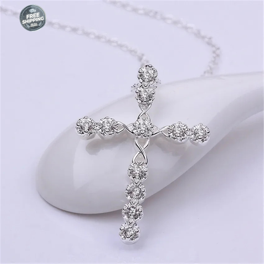 Womens 925 Sterling Solid Silver charm Cross Pendant Necklace 18” Link Chain