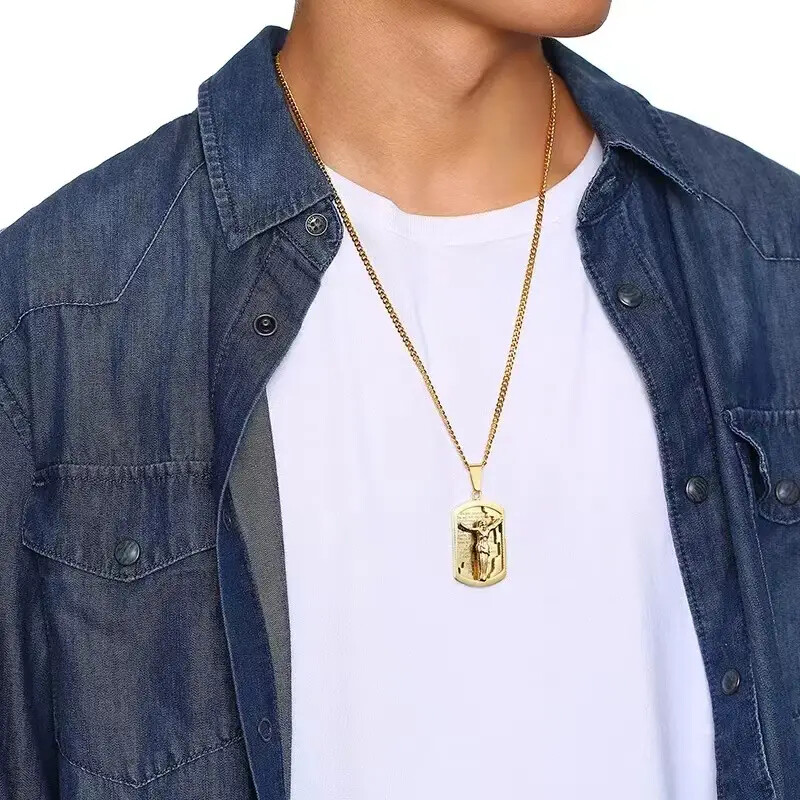 HIP HOP STAINLESS STEEL JESUS RELIGIUS DOG TAG PENDANT & CUBAN CHAIN NECKLACE