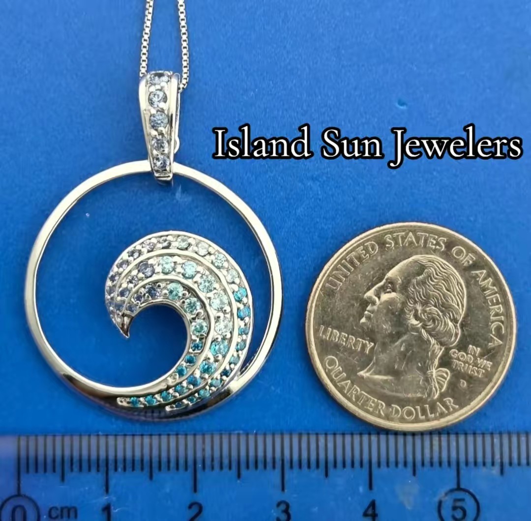 Wave Pendant, Sterling Silver & Blue CZ