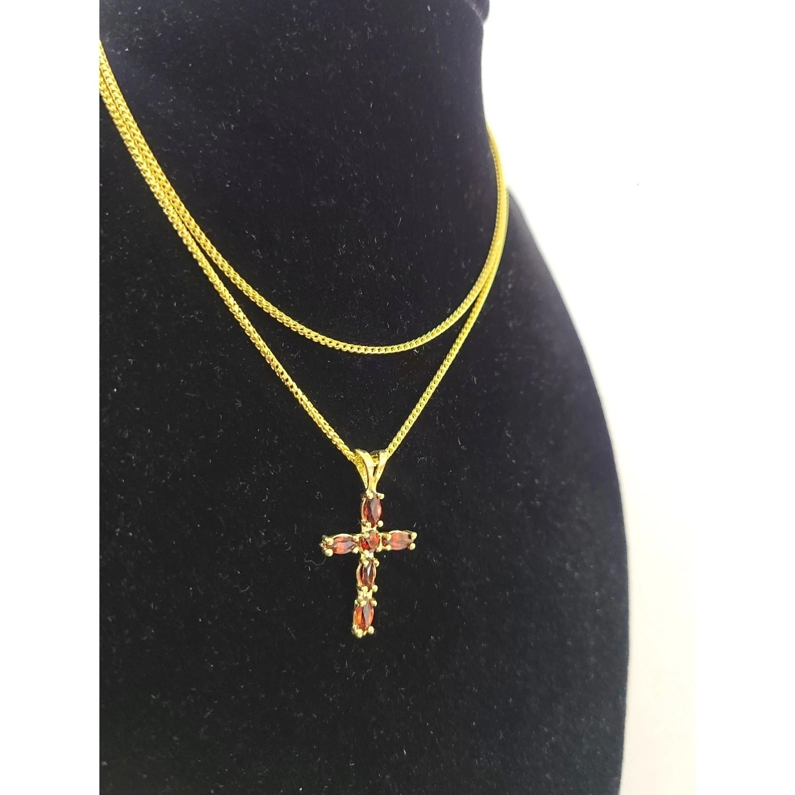 10K Yellow Gold Franco Chain Red CZ Cross Pendant Necklace 1mm 16 18 20 22 Women