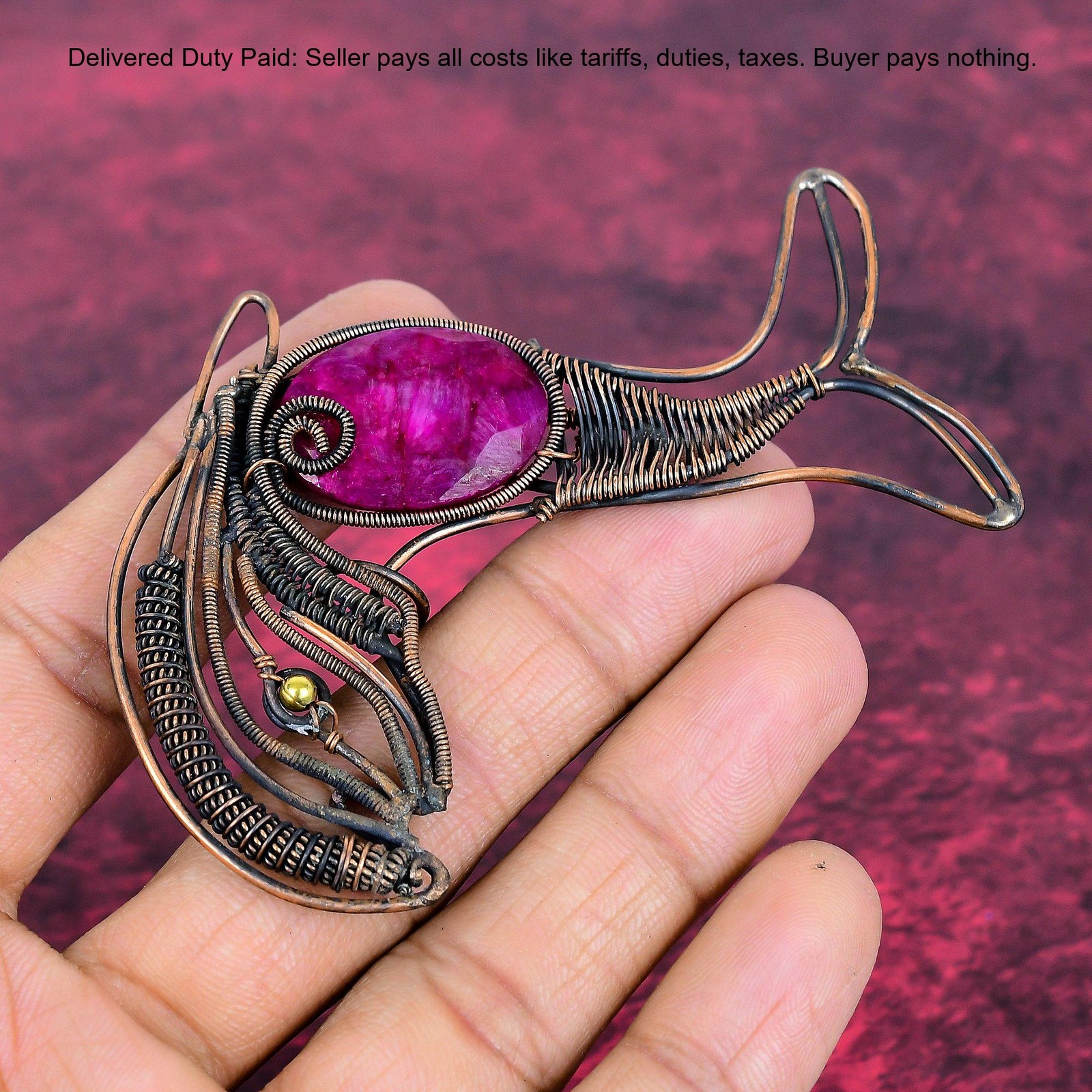 Kashmir Rubi Stone Copper Anniversary Graduation Wire Wrapped And Fish Pendant