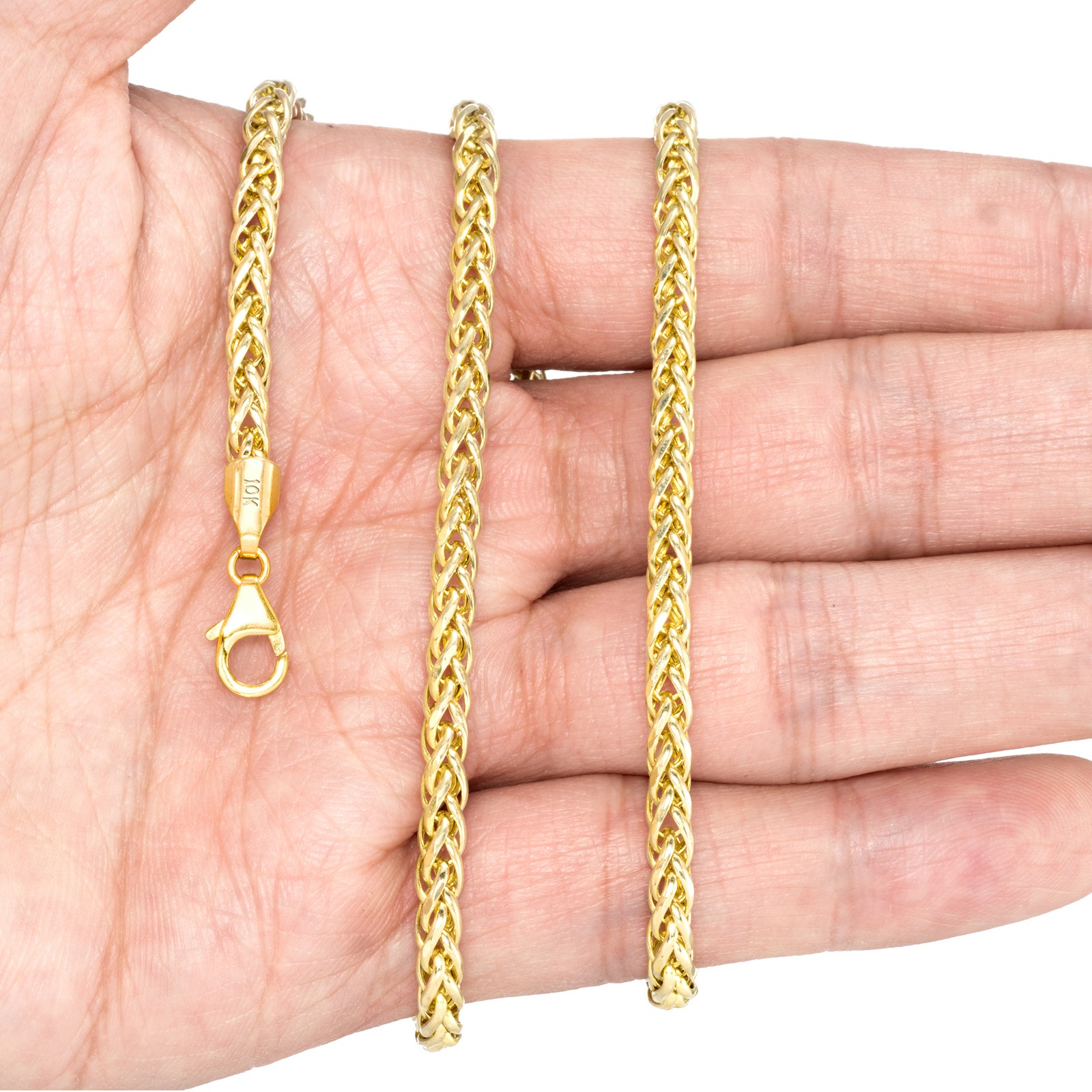 10K Yellow Gold 2.5mm-5mm Round Wheat Palm Franco Spiga Chain Necklace 16″- 30″