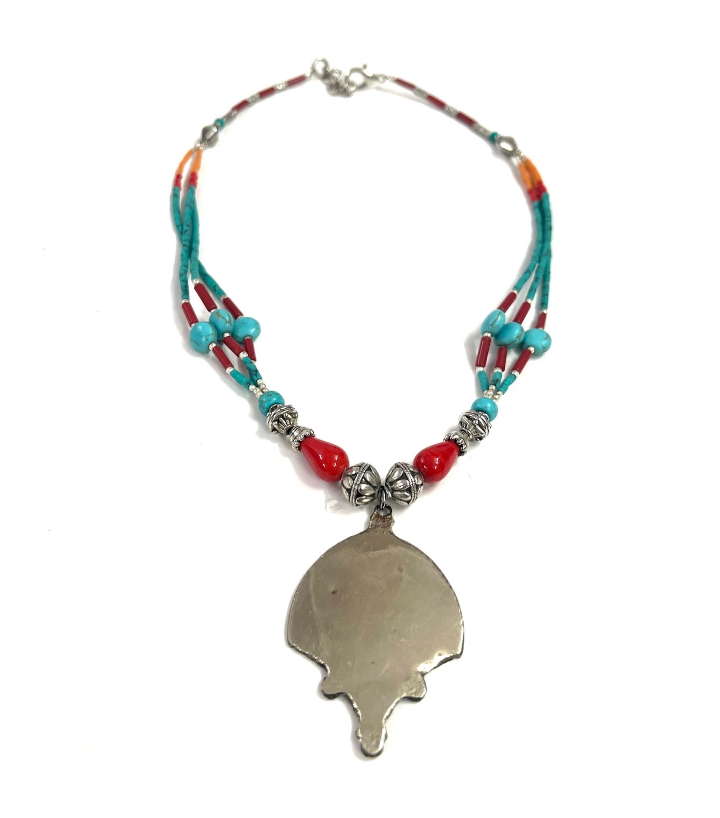 Malachite Turquoise Coral Gemstone Tibetan Pendant Necklace Jewelry, 18 Inc Adjs