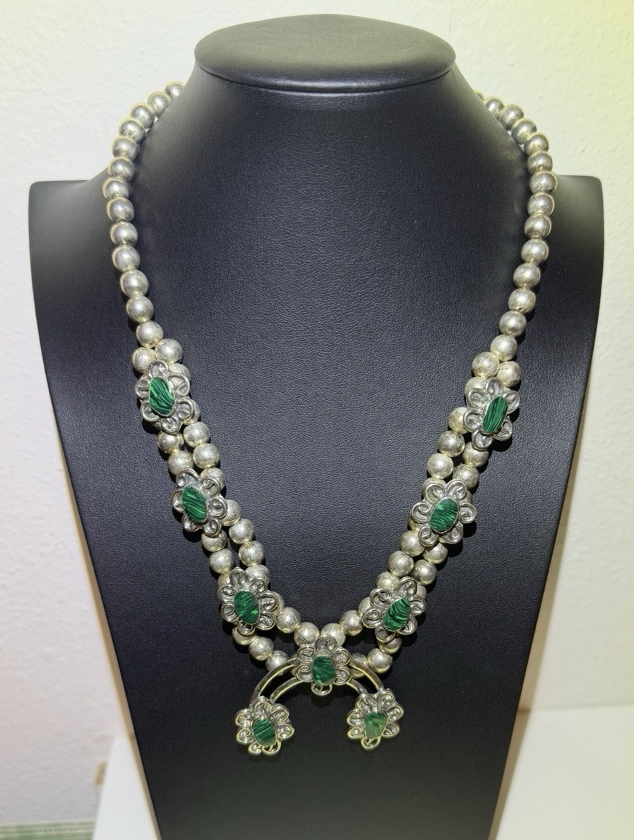 Vintage Southwestern Silver Bead Necklace w/ Malachite Stones & Naja Pendant